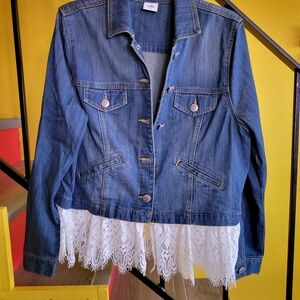 CAbi Denim Jacket with Lace Hem